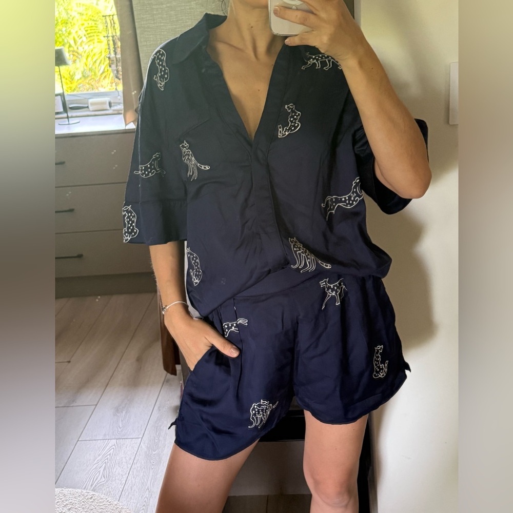 Women's Navy Short Pajama Set with White Animal Embroidery